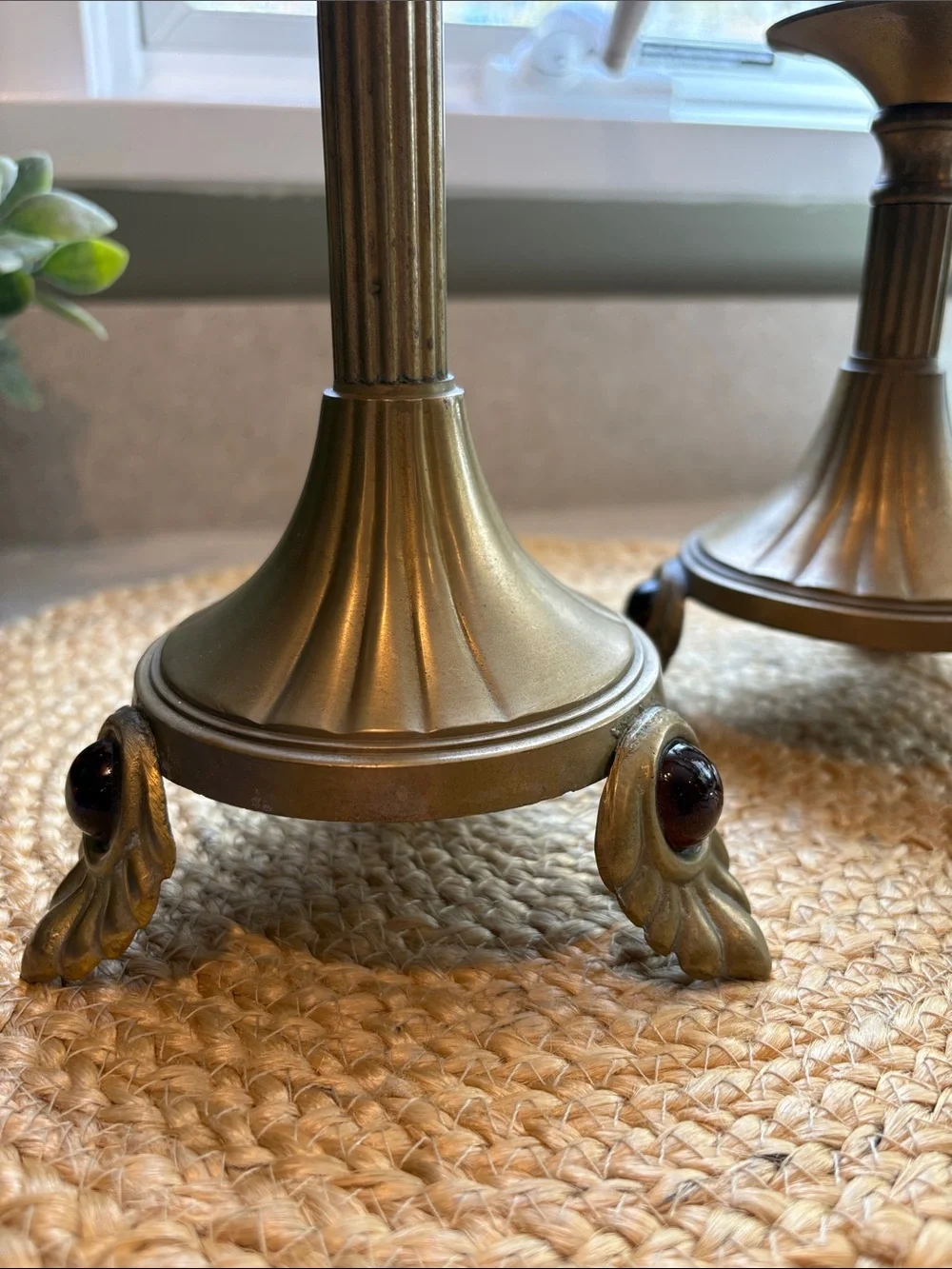 Pair of Vintage Brass Candlesticks Leaf Footed w/ Ruby Colored Gemstone